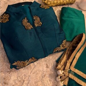 Teal & Pearl 3 Piece Zardosi Gown Set w/ Pants & Orna